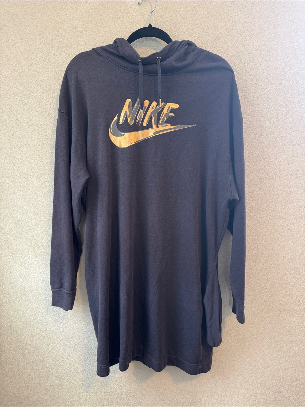 Nike Black Hoodie Dress with Gold Swoosh Graphic crowl neck sweatshirt dress!